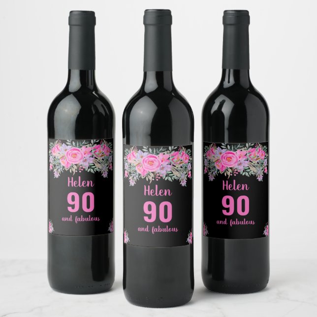 Étiquette Pour Bouteilles De Vin 90e anniversaire noir rose floral (Bouteilles)