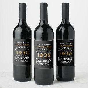 Étiquette Pour Bouteilles De Vin 90e anniversaire personnalisé Né en 1935 Noir Vint