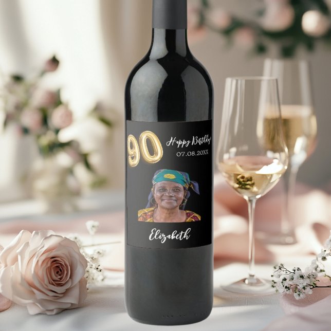 Étiquette Pour Bouteilles De Vin 90e anniversaire photo en or noir (Créateur téléchargé)