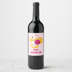 Étiquette Pour Bouteilles De Vin Abeille mignonne aux Coeurs de Saint-Valentin rose