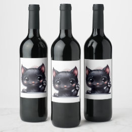 Étiquette Pour Bouteilles De Vin Adorable Kawaii Chat noir
