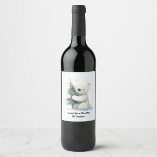 Étiquette Pour Bouteilles De Vin Adorable Ours Polaire Accrochant Arbre de Noël, Mi