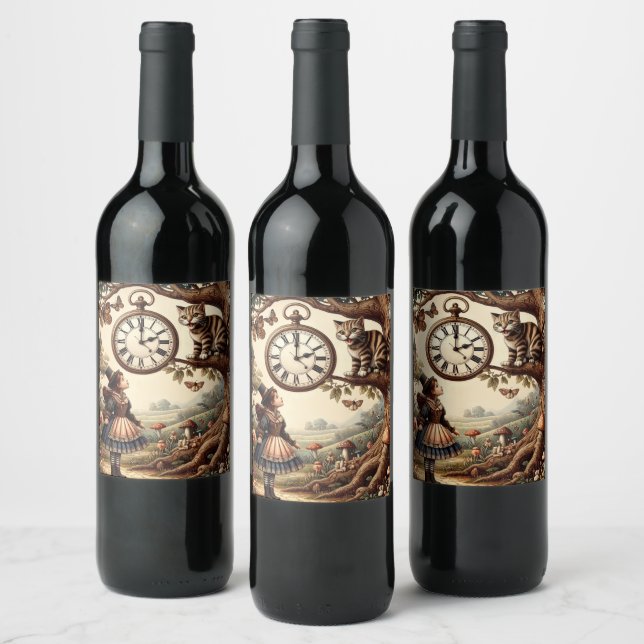 Étiquette Pour Bouteilles De Vin Alice & Cheshire Cat: Whimsical Wonderland Fantasy (Bouteilles)
