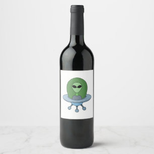 Étiquette Pour Bouteilles De Vin Alien dans son petit vaisseau spatial