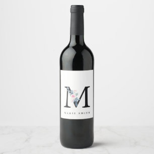 ÉTIQUETTE POUR BOUTEILLES DE VIN ALPHABÈTES FLORAUX BLEUS DOUX NOM LETTRE M