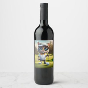 Étiquette Pour Bouteilles De Vin Amusant Animé Cat Golf Player,