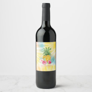 Étiquette Pour Bouteilles De Vin Ananas, Hibiscus Aquarelle Arc-en-ciel Tie-Dye