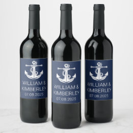 Étiquette Pour Bouteilles De Vin Ancre Marine Bleu Nautique Élégant Mariage
