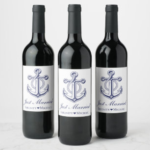 Étiquette Pour Bouteilles De Vin Ancre Marine Bleu Nautique Juste Marié Mariage