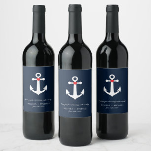 Étiquette Pour Bouteilles De Vin Ancre marine Bleu Nautique Mariage Merci