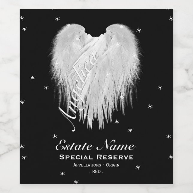 Étiquette Pour Bouteilles De Vin ANGEL AILES Coeur étoile Noir de nuit (Étiquettes simples)