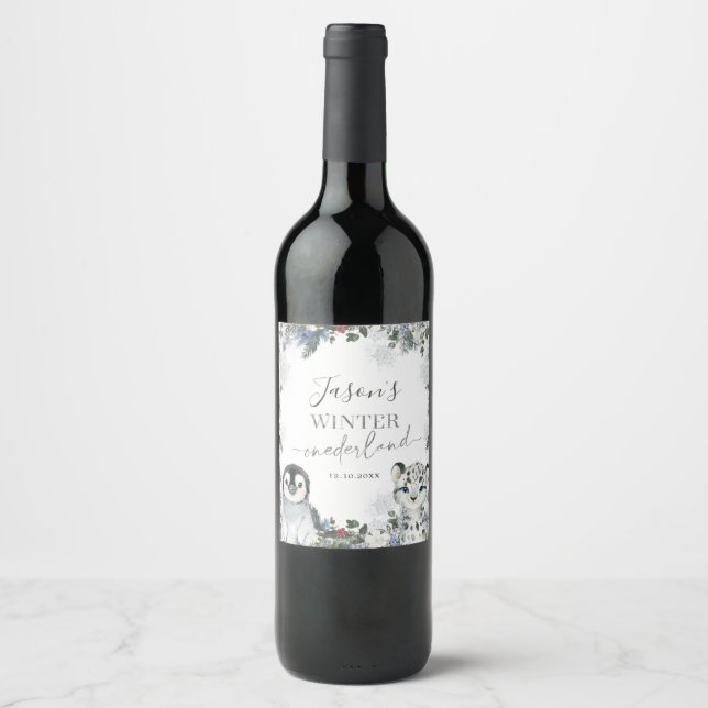 Étiquette Pour Bouteilles De Vin Animal de l'Arctique Hiver Onederland 1er annivers (Devant)
