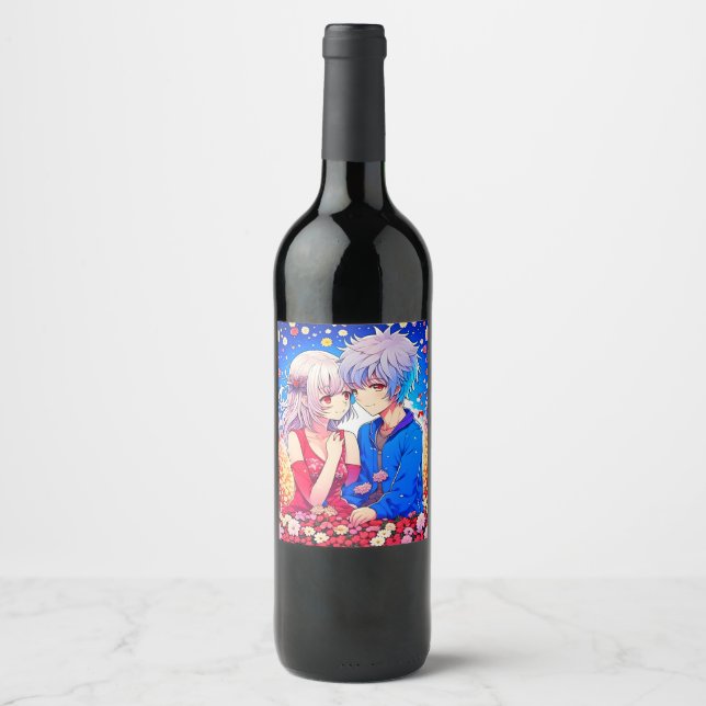 Étiquette Pour Bouteilles De Vin Anime Couple Love Fleurs et Coeurs (Devant)