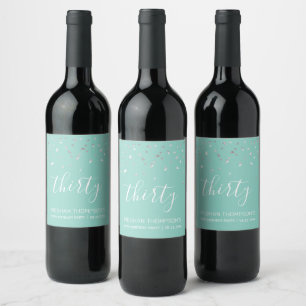 Étiquette Pour Bouteilles De Vin Anniversaire 30 ans Moderne Vert Menthe Argent Con