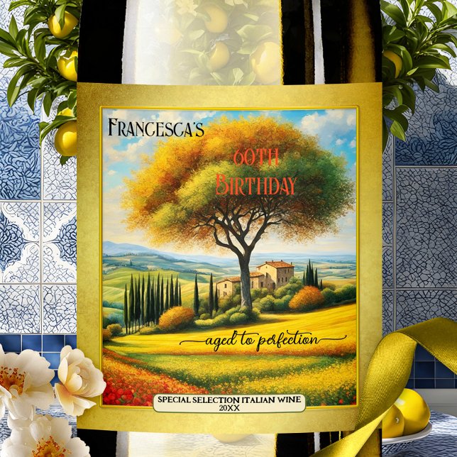 Étiquette Pour Bouteilles De Vin Anniversaire d'été des Beaux-Arts italiens (Colorful summer or fall birthday wine label featuring a fine art painting of Tuscany, Italy)