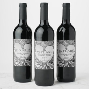 Étiquette Pour Bouteilles De Vin Anniversaire du Mariage du coeur en métal argenté