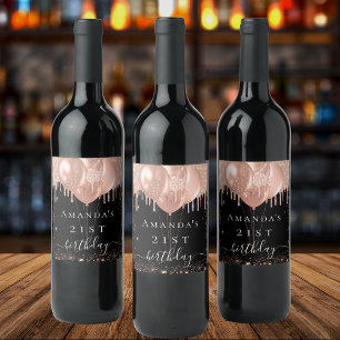 Étiquette Pour Bouteilles De Vin Anniversaire noir rose or parties scintillant ball