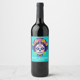 Étiquette Pour Bouteilles De Vin Anniversaire Personnalisé Crâne de Sucre Floral Co