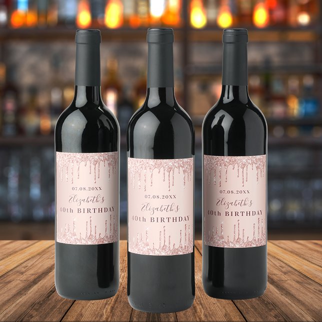 Étiquette Pour Bouteilles De Vin Anniversaire rose or parties scintillant monogramm (Créateur téléchargé)