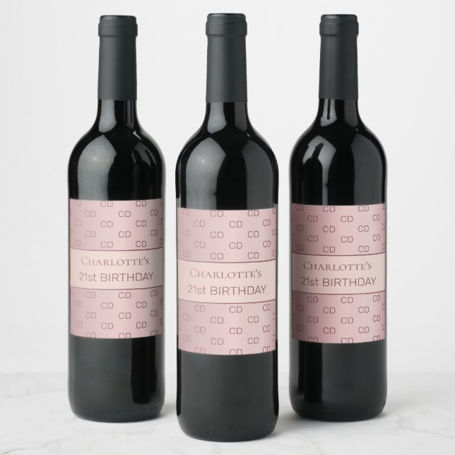 Étiquette Pour Bouteilles De Vin Anniversaire rose poussiéreux monogramme rose (Bouteilles)