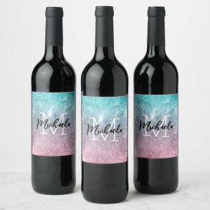 Étiquette Pour Bouteilles De Vin Aqua blue Pink ombre mer galaxie abstraite Monogra