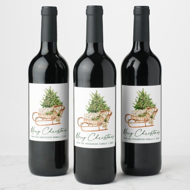 Étiquette Pour Bouteilles De Vin Aquarelle Arbre de Noël Sleigh Calligraphie Encre (Bouteilles)