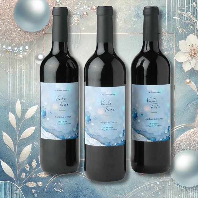 Étiquette Pour Bouteilles De Vin Aquarelle bleue luxueuse Abstraite Pearlescent (Créateur téléchargé)