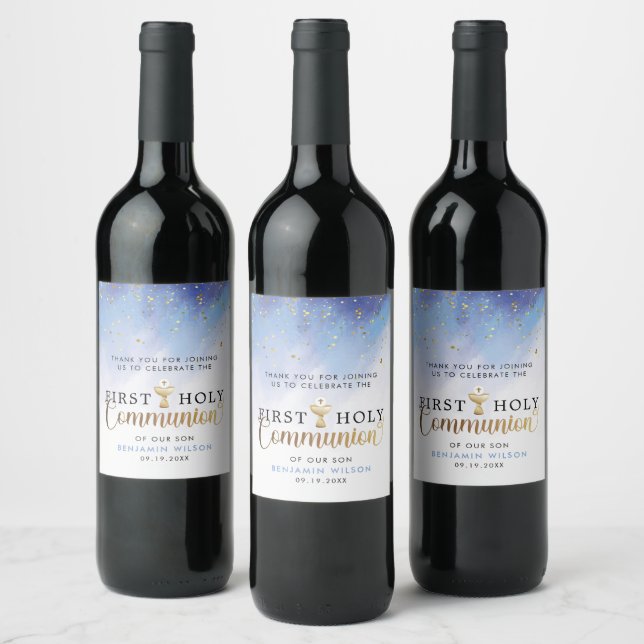 Étiquette Pour Bouteilles De Vin Aquarelle bleue Première communion sainte (Bouteilles)