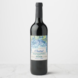 Étiquette Pour Bouteilles De Vin Aquarelle Blue Hydrangea 80e anniversaire