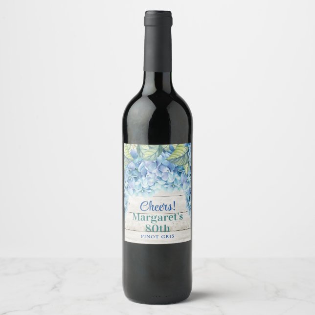 Étiquette Pour Bouteilles De Vin Aquarelle Blue Hydrangea 80e anniversaire (Devant)