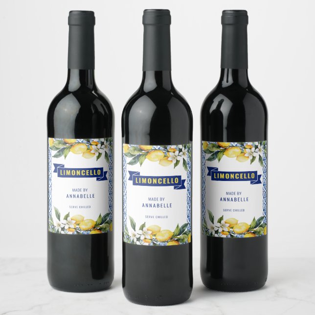 Étiquette Pour Bouteilles De Vin Aquarelle Carreaux bleus Lemons Limocello (Bouteilles)