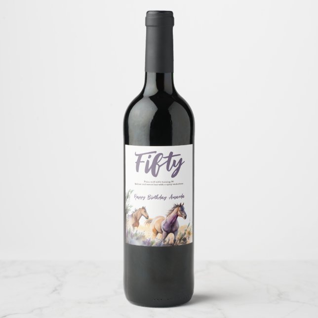 Étiquette Pour Bouteilles De Vin Aquarelle Chevaux Purple Sage Cinquantième anniver (Devant)