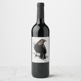 Étiquette Pour Bouteilles De Vin Aquarelle Corbeau Oiseau Art animal