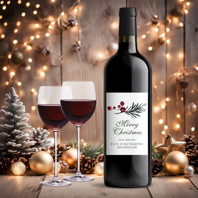 Étiquette Pour Bouteilles De Vin Aquarelle de Noël moderne et élégant Botanique (Modern Elegant Christmas Watercolor Botanical Wine Labels)