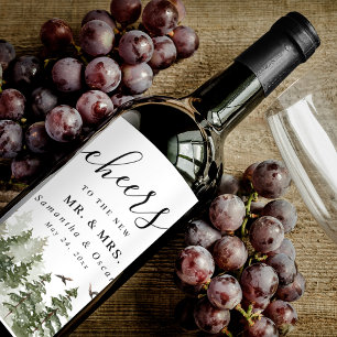 Étiquette Pour Bouteilles De Vin Aquarelle d'hiver moderne Forêt verte avec neige