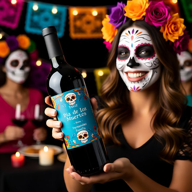 Étiquette Pour Bouteilles De Vin 💀 🎉 Aquarelle Día de Muertos (💀🎉Watercolor style Día de Muertos Party Wine Label)