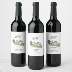 Étiquette Pour Bouteilles De Vin Aquarelle Eglise traditionnelle Monogramme Mariage