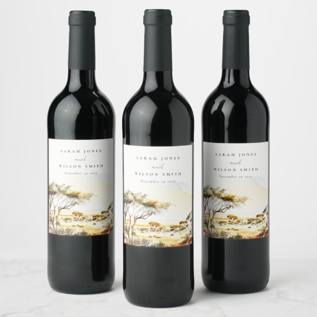 Étiquette Pour Bouteilles De Vin Aquarelle en terre bouillie Mariage paysager afric (Bouteilles)