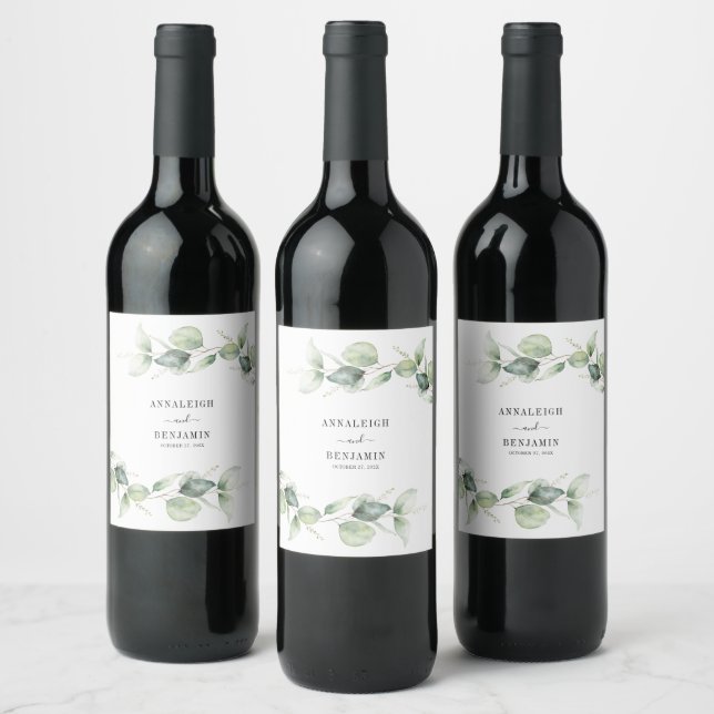 Étiquette Pour Bouteilles De Vin Aquarelle Eucalyptus Feuille Mariage vert (Bouteilles)