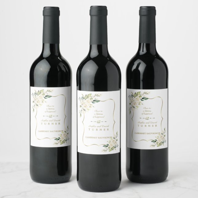 Étiquette Pour Bouteilles De Vin Aquarelle Fleurs blanches Mariage cadre or (Bouteilles)