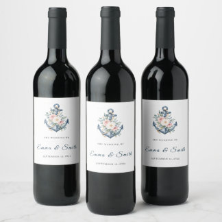 Étiquette Pour Bouteilles De Vin Aquarelle Fleurs Nautiques Ancres Mariage