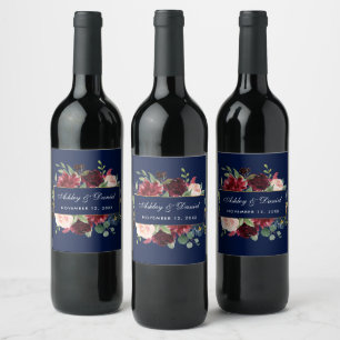 Étiquette Pour Bouteilles De Vin Aquarelle Floral Bourgogne Bleu Mariage Or