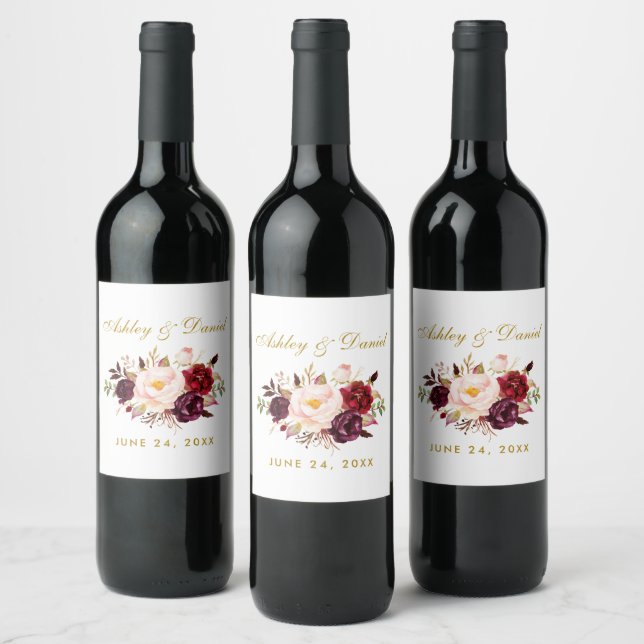 Étiquette Pour Bouteilles De Vin Aquarelle Floral Bourgogne Mariage or (Bouteilles)