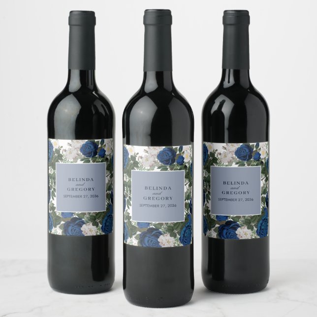 Étiquette Pour Bouteilles De Vin Aquarelle Florale Bleue Moderne Mariage élégant (Bouteilles)