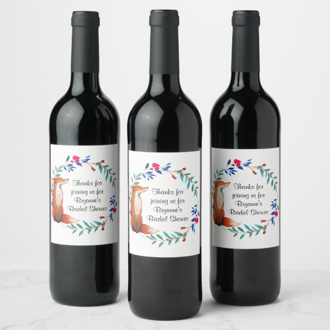 Étiquette Pour Bouteilles De Vin Aquarelle Fox & Wreath Fête des mariées (Bouteilles)
