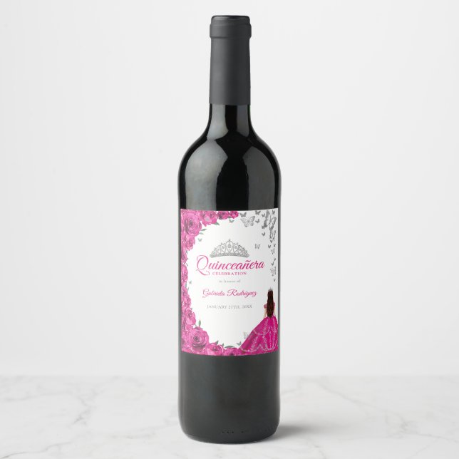 Étiquette Pour Bouteilles De Vin Aquarelle Fuchsia Rose Floral Quinceanera (Devant)