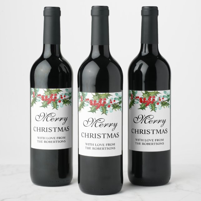 Étiquette Pour Bouteilles De Vin Aquarelle Holly et Berries Joyeux Noël (Bouteilles)