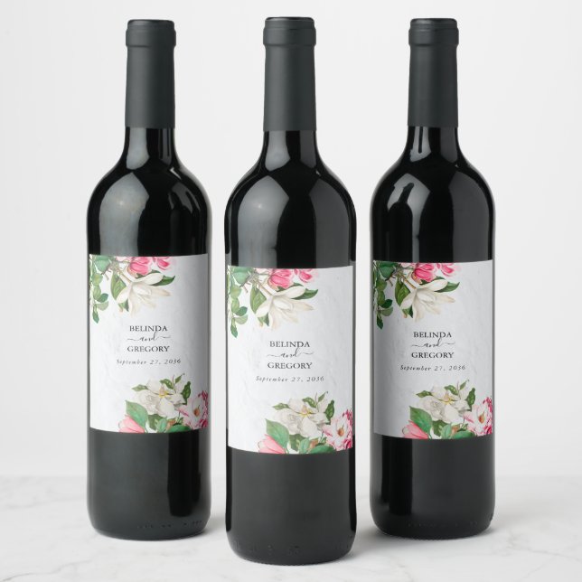 Étiquette Pour Bouteilles De Vin Aquarelle Magnolia Fleurs Mariage (Bouteilles)