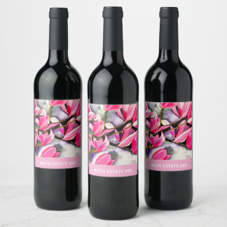 Étiquette Pour Bouteilles De Vin Aquarelle magnolia rose