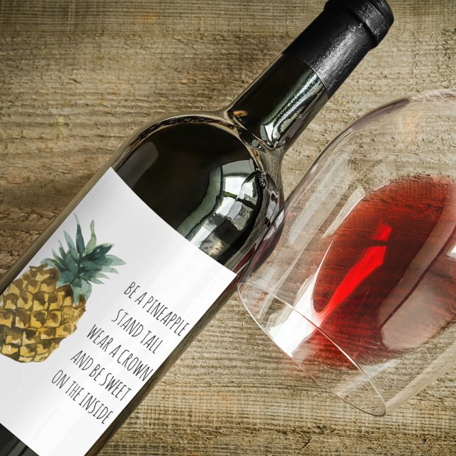 Étiquette Pour Bouteilles De Vin Aquarelle moderne ananas et citation amusante posi (Créateur téléchargé)